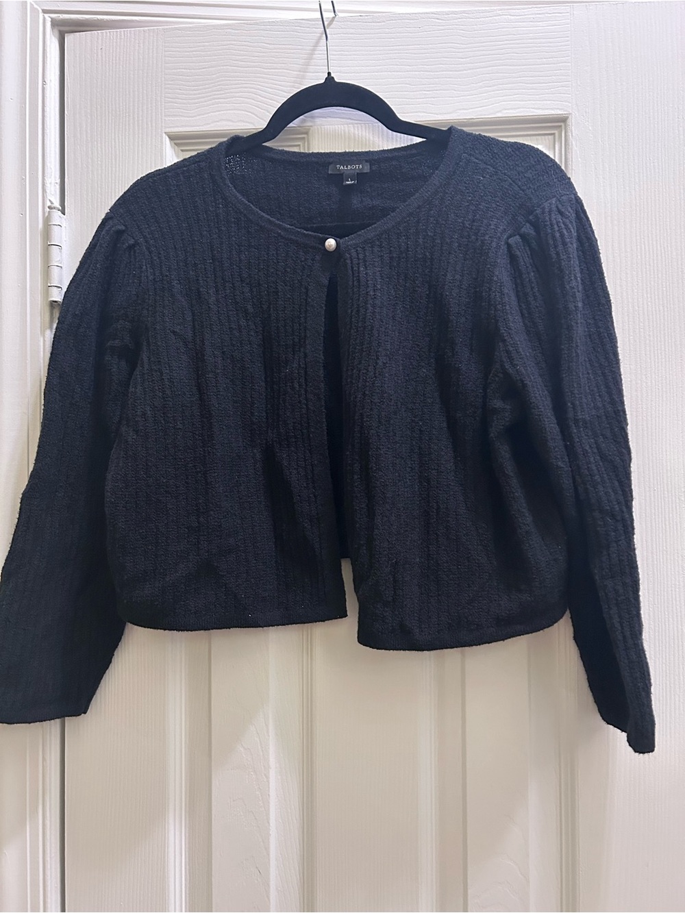 Talbots Black Textured Cropped Cardigan Single Pearl Button Large Wool Cotton